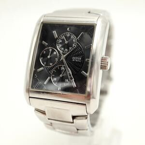 Guess Steel Calendar 33mm Tank Watch Black Dial Silver Tone w New Battery
